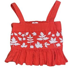 Carolina K boho linen blend leaf embroidered peplum cropped sleeveless top